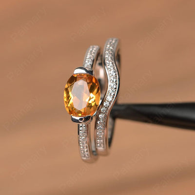 Horizontal Oval Cut Citrine Wedding Ring Set - Palmary