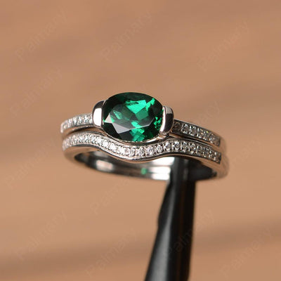 Horizontal Oval Cut Emerald Wedding Ring Set - Palmary