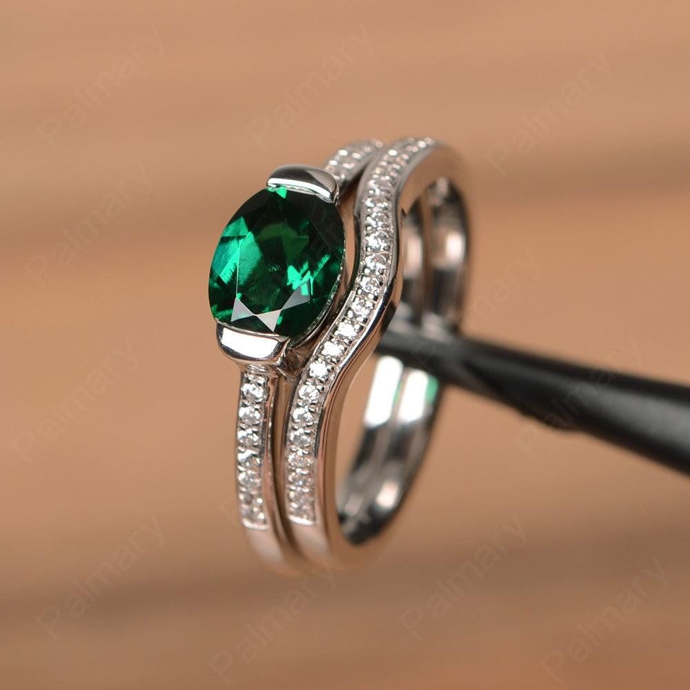Horizontal Oval Cut Emerald Wedding Ring Set - Palmary
