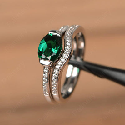 Horizontal Oval Cut Emerald Wedding Ring Set - Palmary
