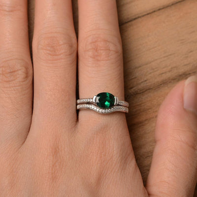 Horizontal Oval Cut Emerald Wedding Ring Set - Palmary