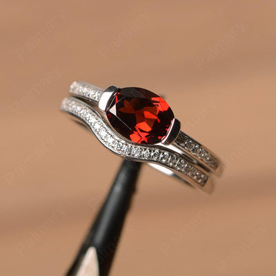 Horizontal Oval Cut Garnet Wedding Ring Set - Palmary