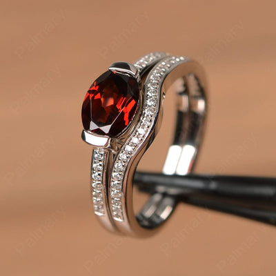 Horizontal Oval Cut Garnet Wedding Ring Set - Palmary
