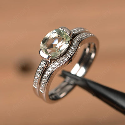 Horizontal Oval Cut Green Amethyst Wedding Ring Set - Palmary