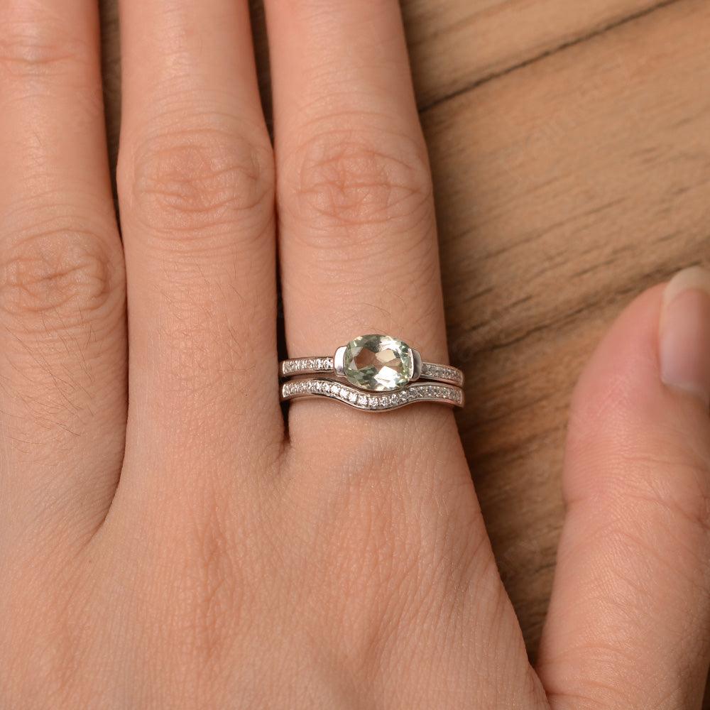 Horizontal Oval Cut Green Amethyst Wedding Ring Set - Palmary