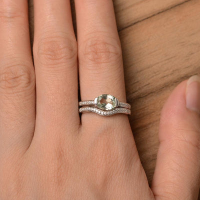 Horizontal Oval Cut Green Amethyst Wedding Ring Set - Palmary