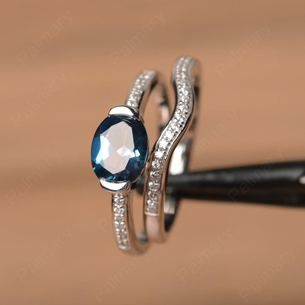 Horizontal Oval Cut London Blue Topaz Wedding Ring Set - Palmary