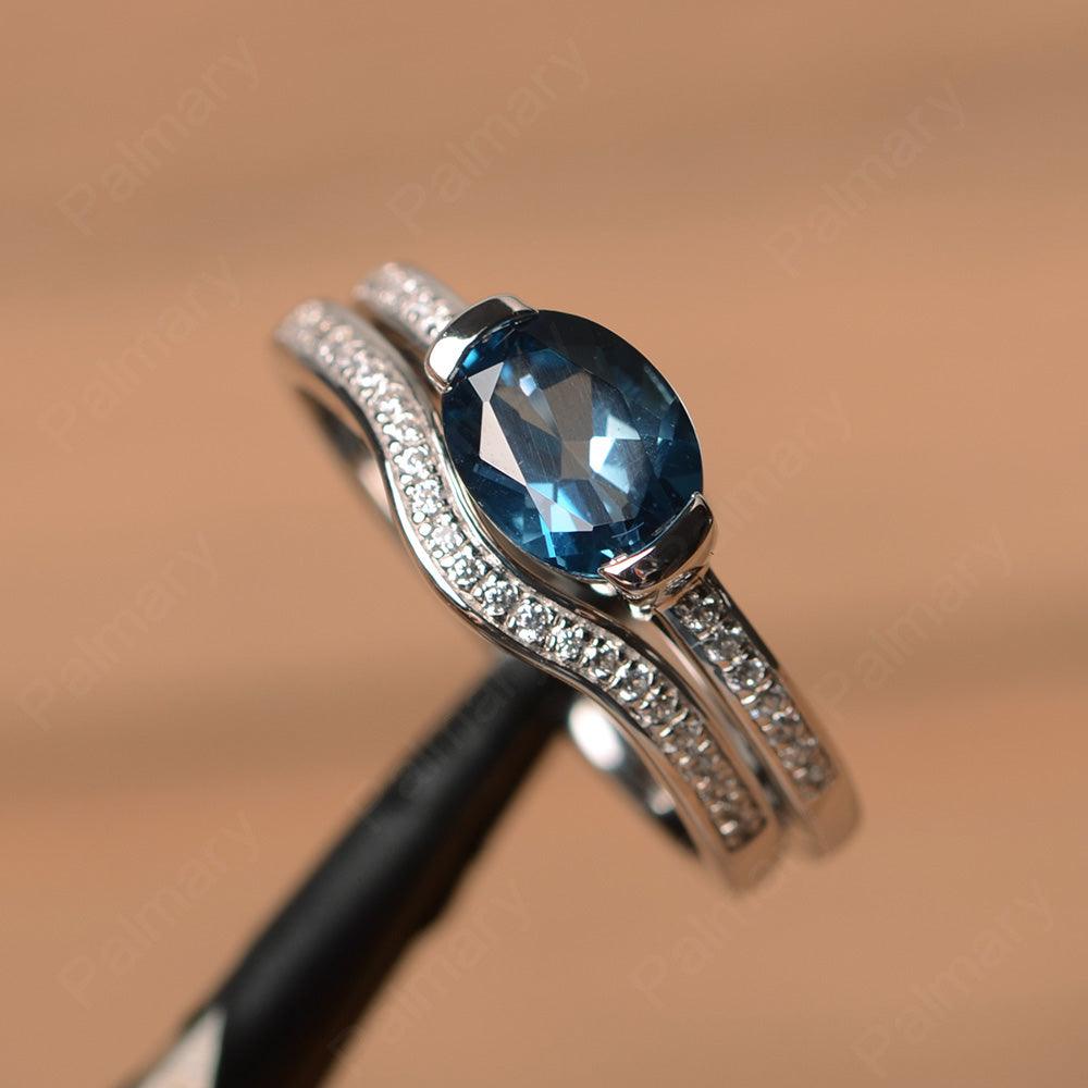Horizontal Oval Cut London Blue Topaz Wedding Ring Set - Palmary
