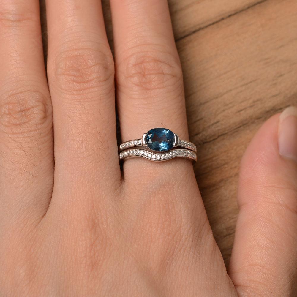 Horizontal Oval Cut London Blue Topaz Wedding Ring Set - Palmary