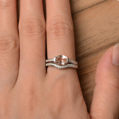Horizontal Oval Cut Morganite Wedding Ring Set - Palmary