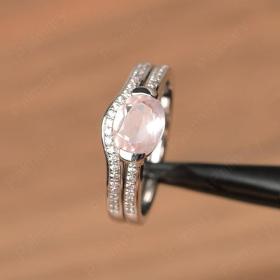 Horizontal Oval Cut Rose Quartz Wedding Ring Set - Palmary