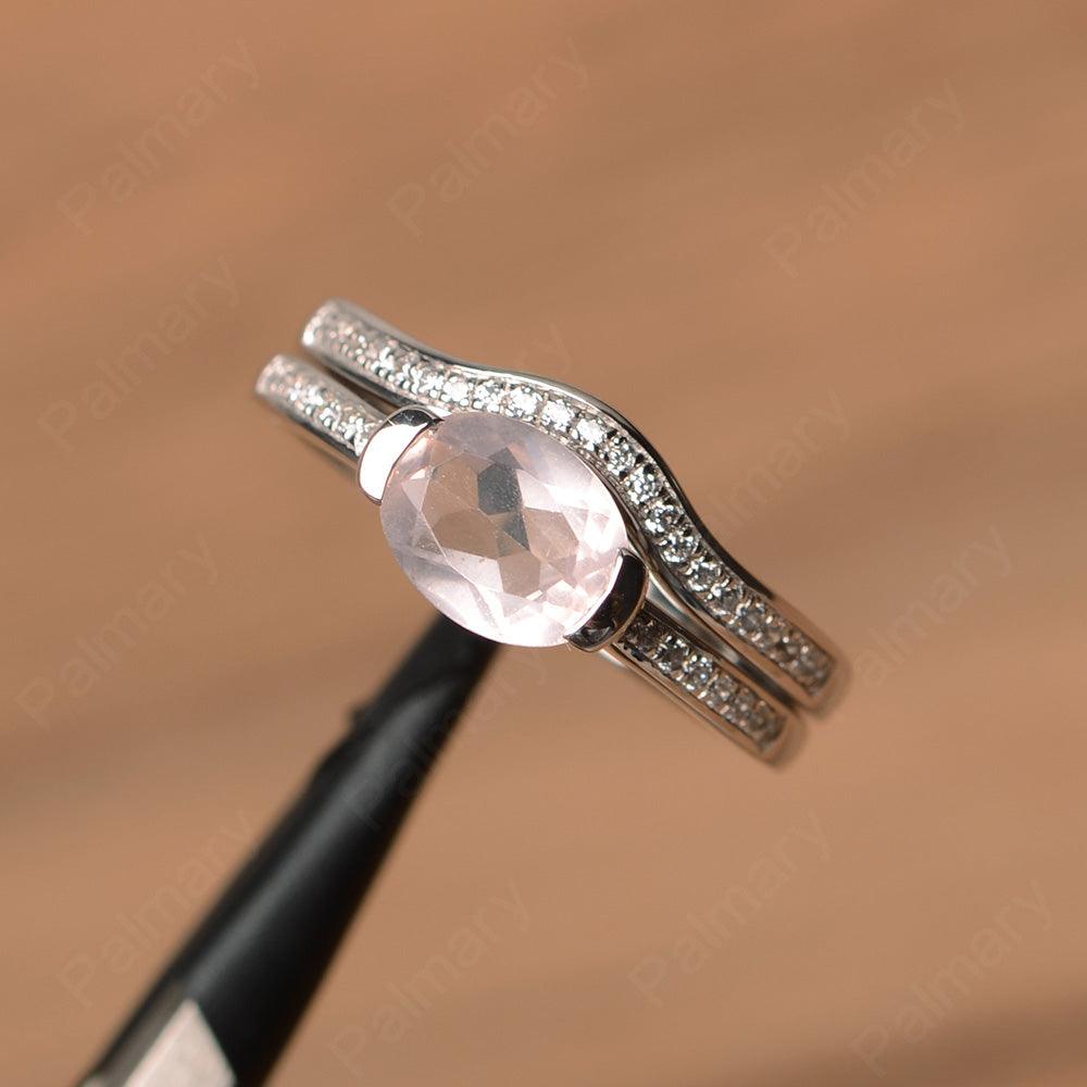Horizontal Oval Cut Rose Quartz Wedding Ring Set - Palmary