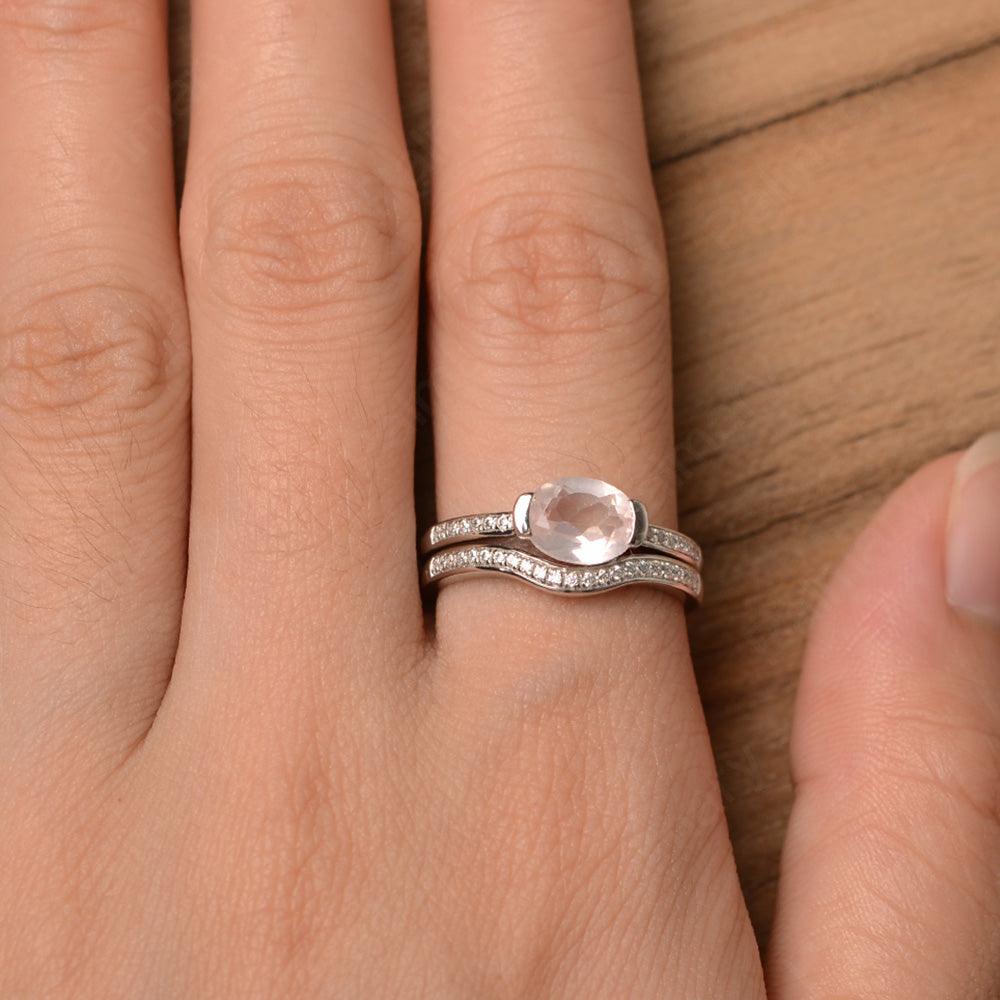 Horizontal Oval Cut Rose Quartz Wedding Ring Set - Palmary
