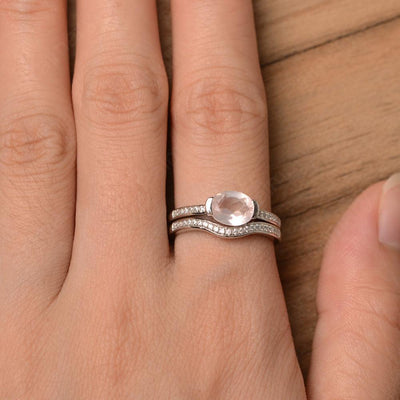 Horizontal Oval Cut Rose Quartz Wedding Ring Set - Palmary