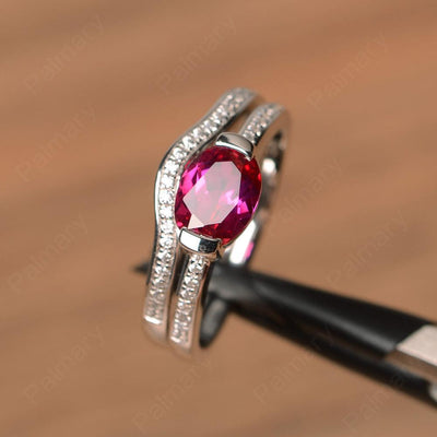 Horizontal Oval Cut Ruby Wedding Ring Set - Palmary