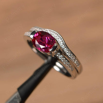 Horizontal Oval Cut Ruby Wedding Ring Set - Palmary