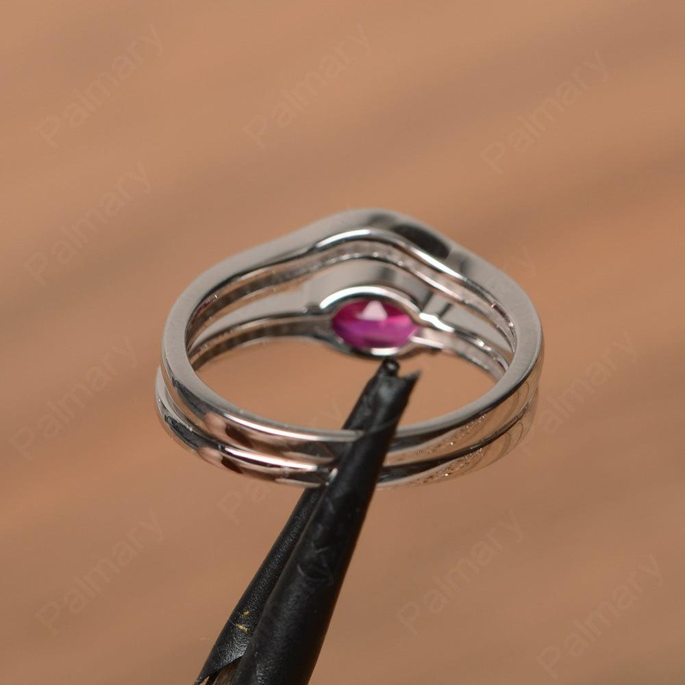 Horizontal Oval Cut Ruby Wedding Ring Set - Palmary