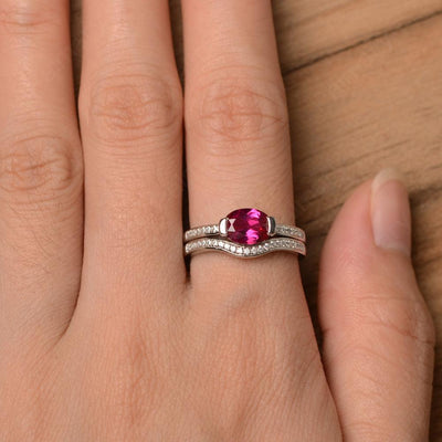 Horizontal Oval Cut Ruby Wedding Ring Set - Palmary