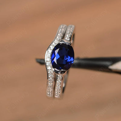 Horizontal Oval Cut Sapphire Wedding Ring Set - Palmary