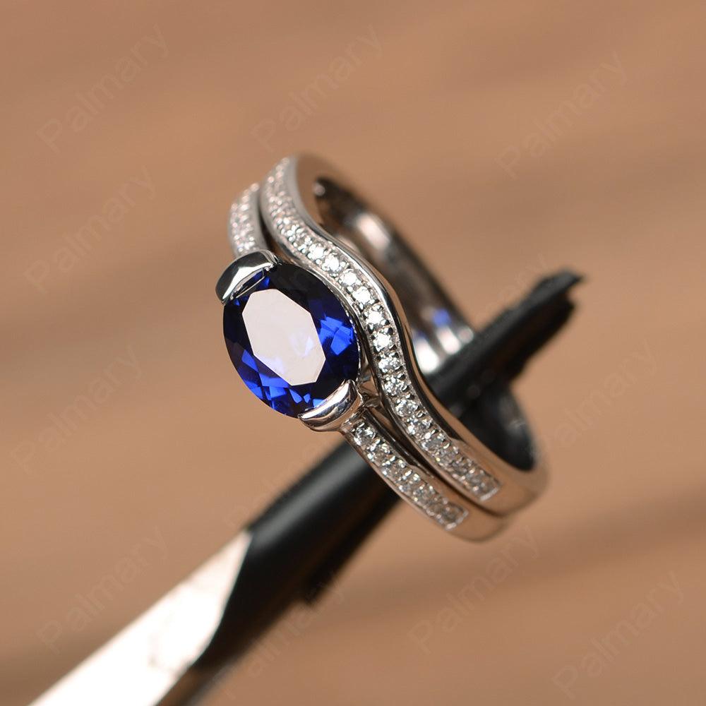 Horizontal Oval Cut Sapphire Wedding Ring Set - Palmary