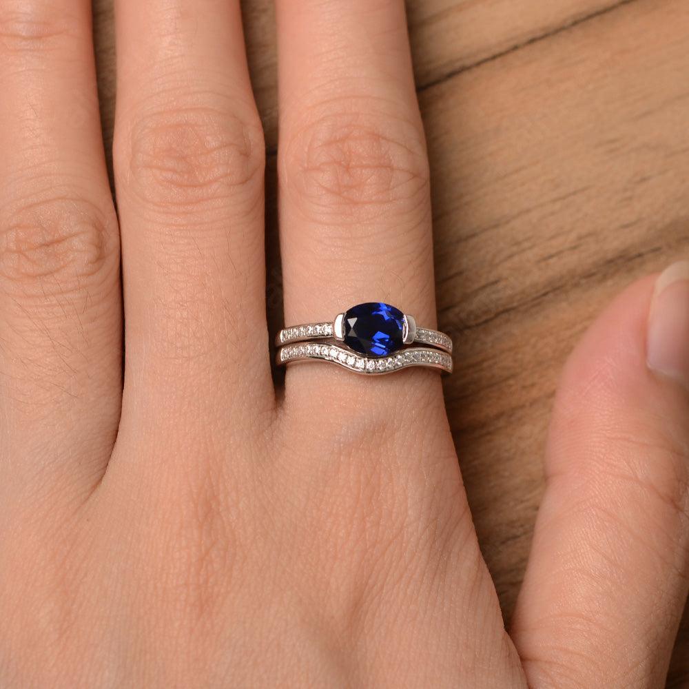 Horizontal Oval Cut Sapphire Wedding Ring Set - Palmary