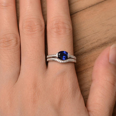 Horizontal Oval Cut Sapphire Wedding Ring Set - Palmary
