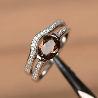 Horizontal Oval Cut Smoky Quartz  Wedding Ring Set - Palmary