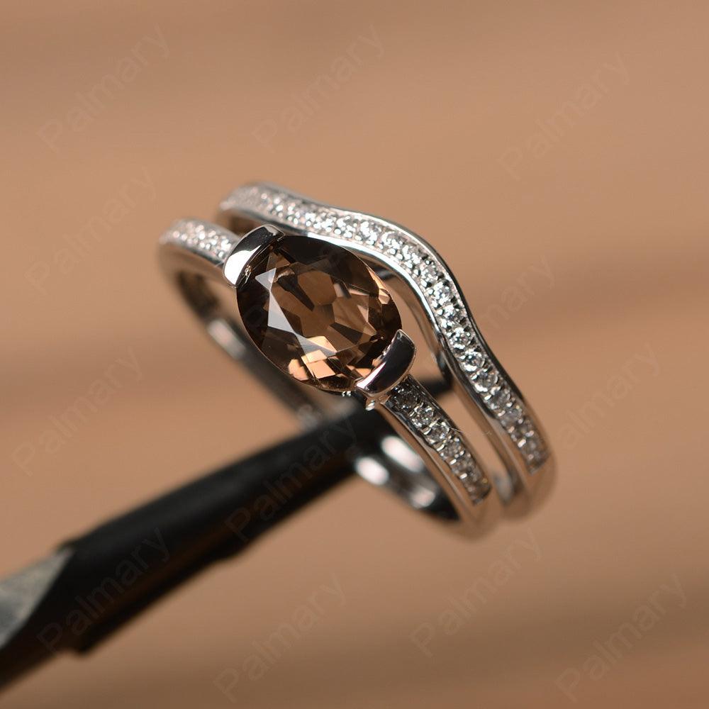 Horizontal Oval Cut Smoky Quartz  Wedding Ring Set - Palmary