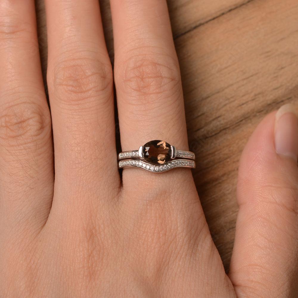 Horizontal Oval Cut Smoky Quartz  Wedding Ring Set - Palmary