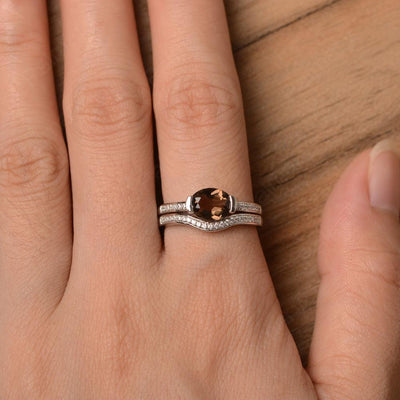 Horizontal Oval Cut Smoky Quartz  Wedding Ring Set - Palmary
