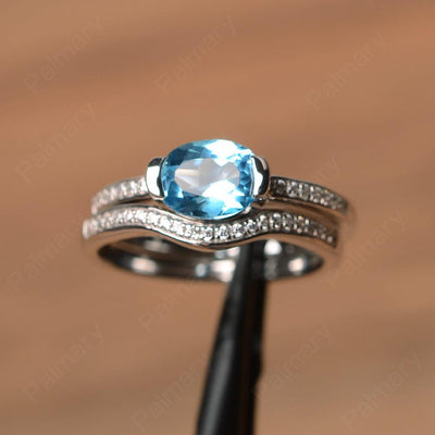 Horizontal Oval Cut Swiss Blue Topaz Wedding Ring Set - Palmary