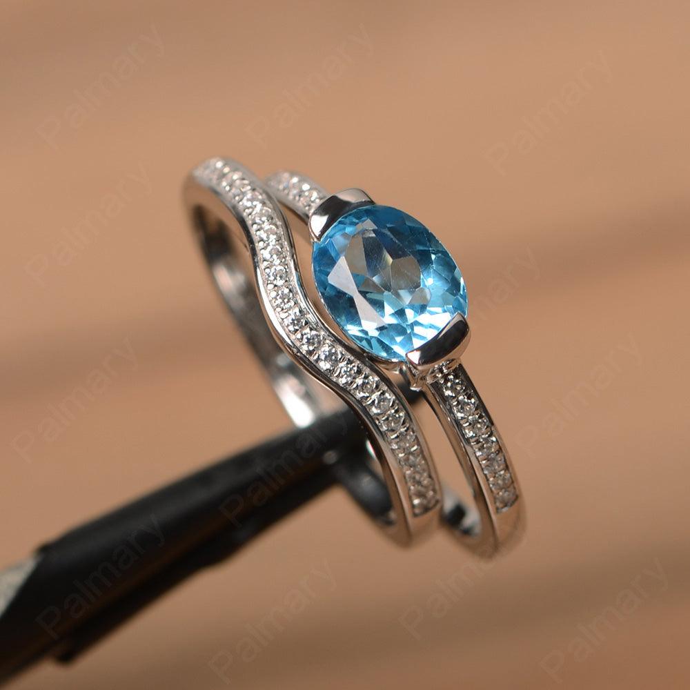 Horizontal Oval Cut Swiss Blue Topaz Wedding Ring Set - Palmary