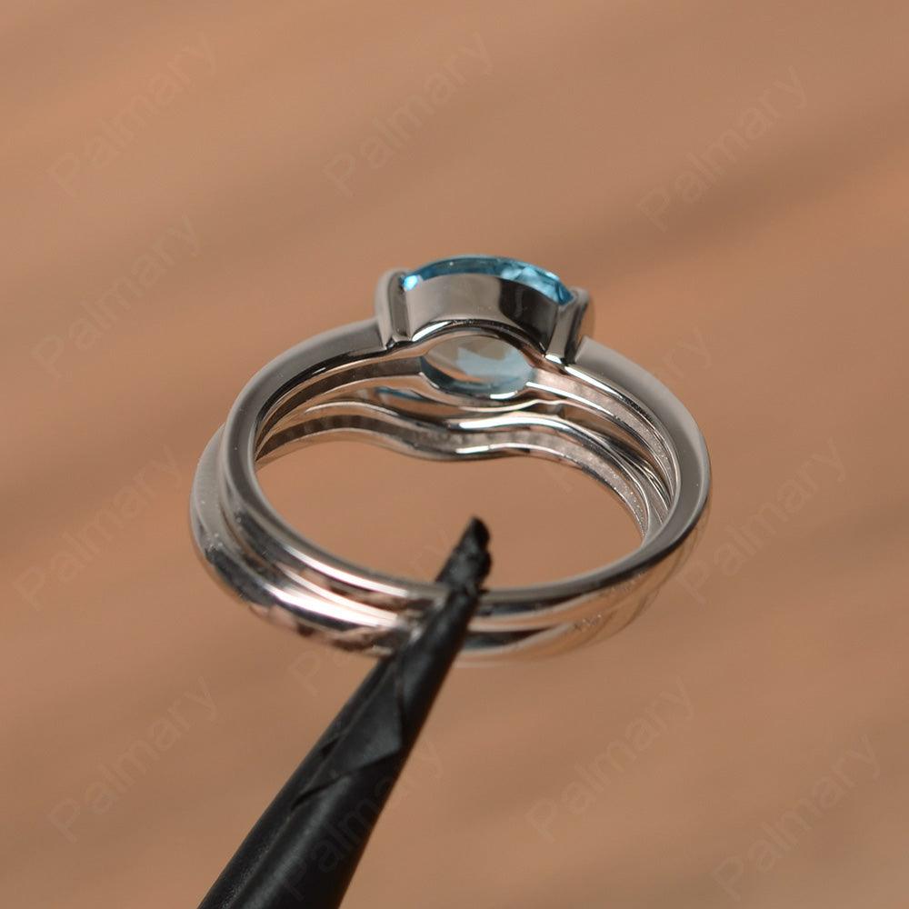 Horizontal Oval Cut Swiss Blue Topaz Wedding Ring Set - Palmary