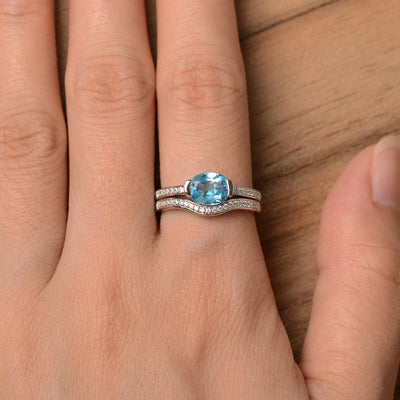 Horizontal Oval Cut Swiss Blue Topaz Wedding Ring Set - Palmary