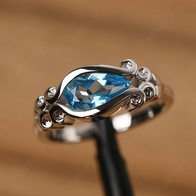 East West Pear Shaped Vintage Swiss Blue Topaz Ring - Palmary