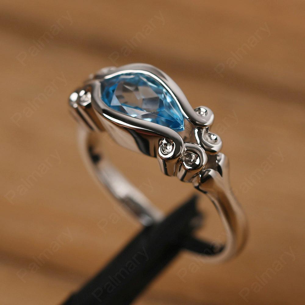 East West Pear Shaped Vintage Swiss Blue Topaz Ring - Palmary