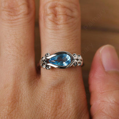 East West Pear Shaped Vintage Swiss Blue Topaz Ring - Palmary