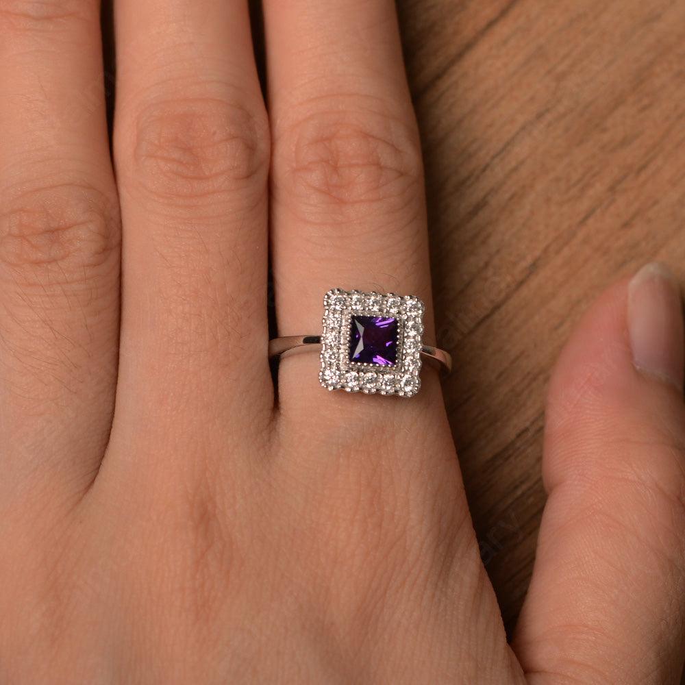 Princess Cut Amethyst Halo Engagement Rings - Palmary