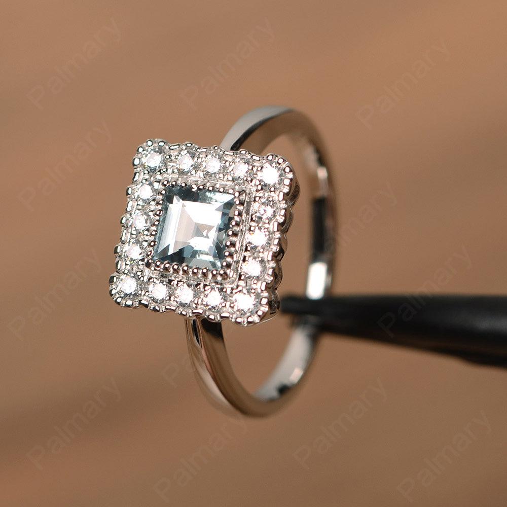 Square Cut Aquamarine Halo Engagement Rings - Palmary