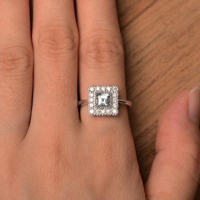 Square Cut Aquamarine Halo Engagement Rings - Palmary