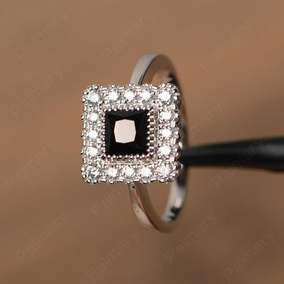 Princess Cut Black Spinel Halo Engagement Rings - Palmary