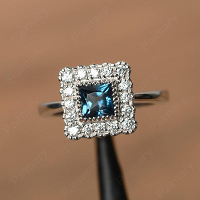 Princess Cut London Blue Topaz Halo Engagement Rings - Palmary