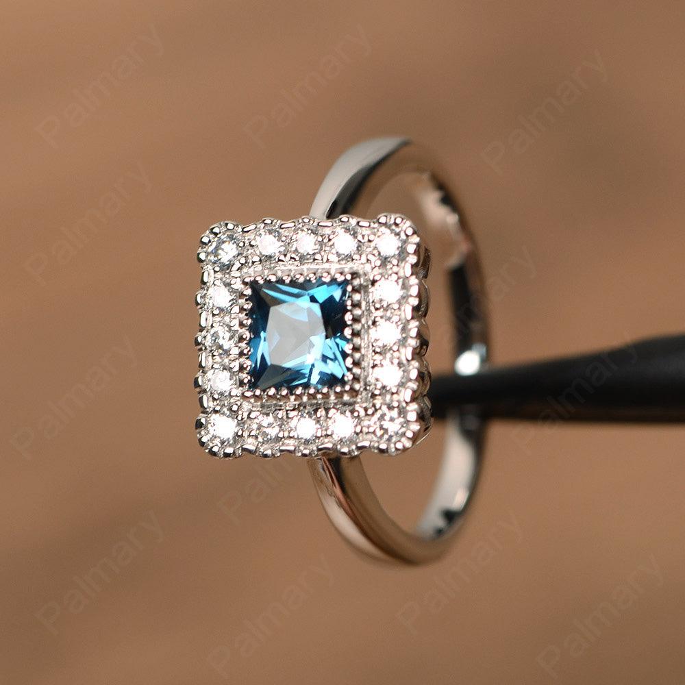 Princess Cut London Blue Topaz Halo Engagement Rings - Palmary