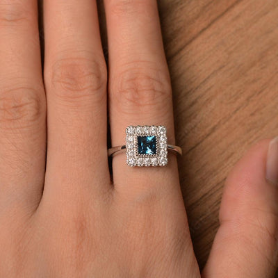 Princess Cut London Blue Topaz Halo Engagement Rings - Palmary