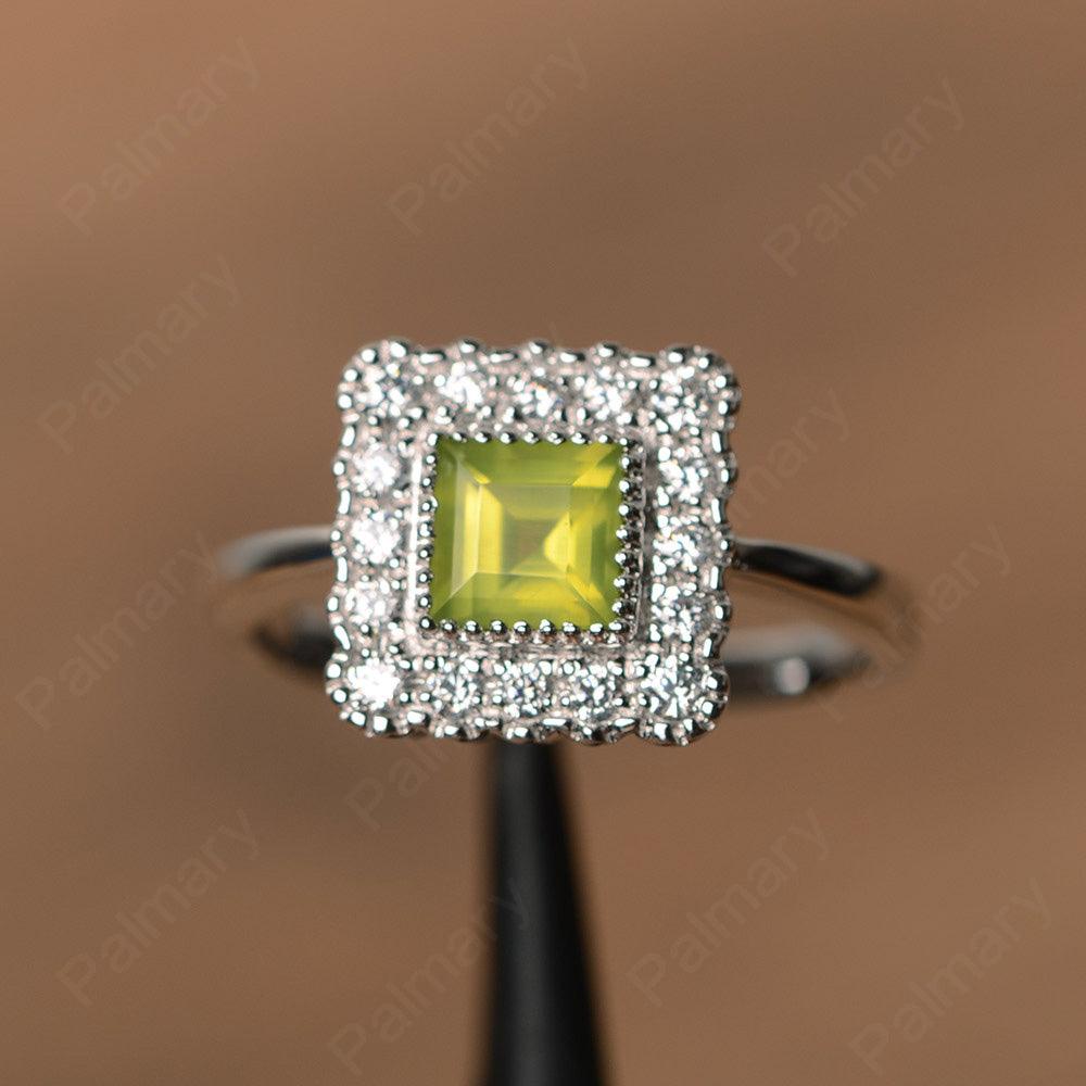 Square Cut Peridot Halo Engagement Rings - Palmary