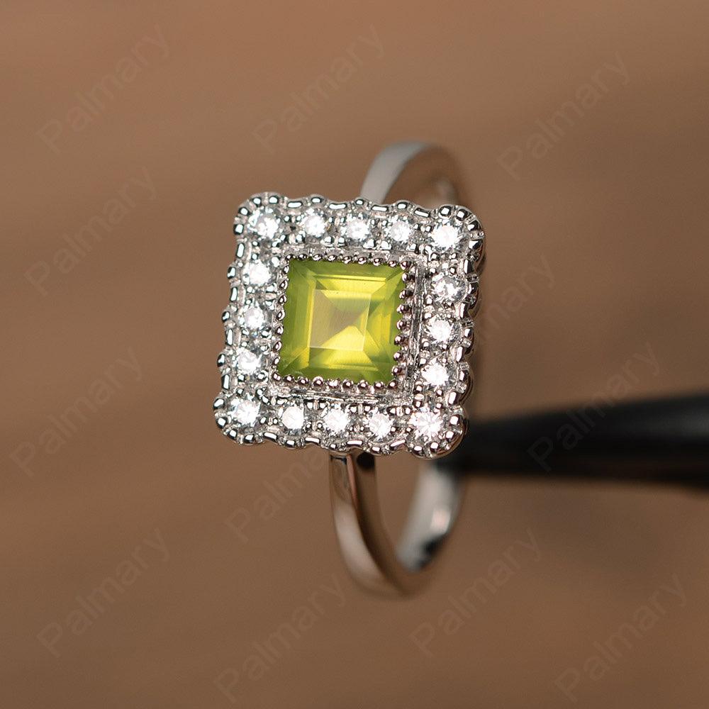 Square Cut Peridot Halo Engagement Rings - Palmary