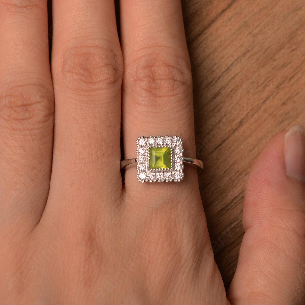 Square Cut Peridot Halo Engagement Rings - Palmary