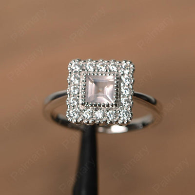 Square Cut Rose Quartz Halo Engagement Rings - Palmary