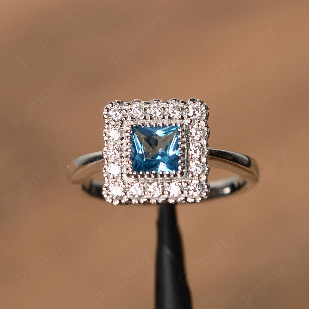 Princess Cut Swiss Blue Topaz Halo Engagement Rings - Palmary