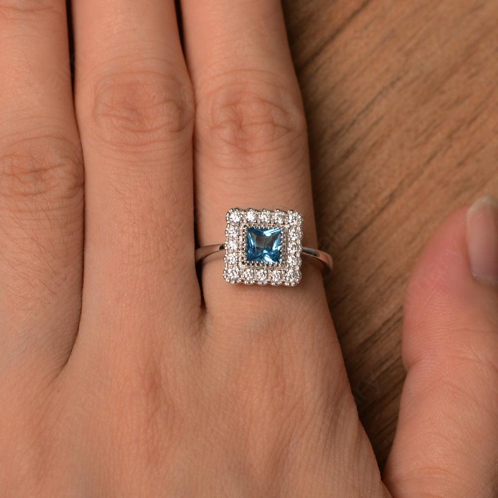 Princess Cut Swiss Blue Topaz Halo Engagement Rings - Palmary